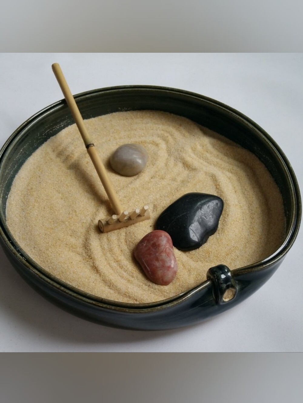 Hand-thrown Stoneware Zen Garden Mossy Green Meditation Tray with Rake